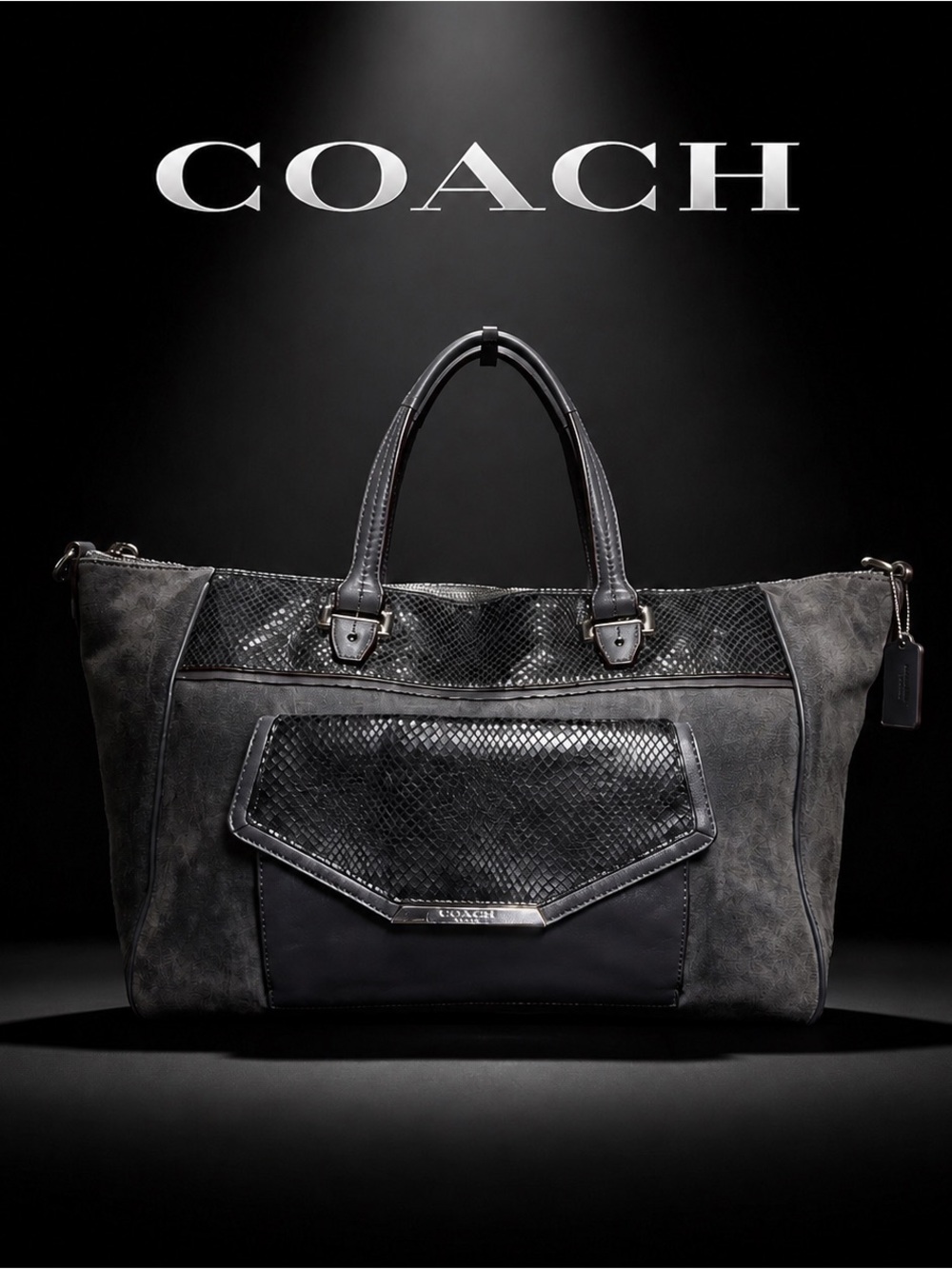 COACH Taylor Tote Charcoal Grey with Snakeskin Leather & Suede Bag